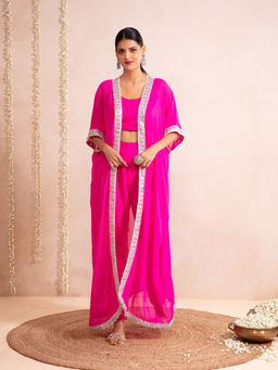 Gajra Gang - Sunehri Fuchsia Crop Top With Pants & Jacket (Set of 3)