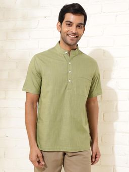 Fabindia - Men Green Mandarin Neck Half Sleeves Shirt