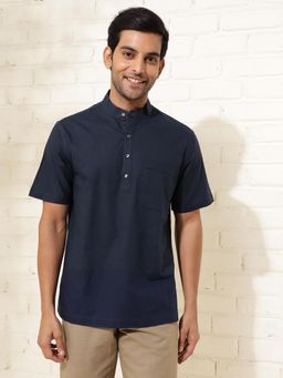 Fabindia - Men Navy Blue Mandarin Neck Half Sleeves Shirt