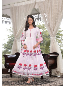 The Kapas - Super White & Red Hand Block Print Kurta Suit (Set of 3)