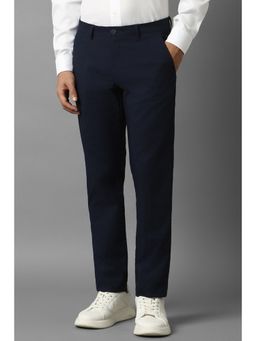 Louis Philippe - Men Navy Blue Slim Tapered Fit Solid Flat Front Casual Trouser