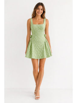 Cider - Jacquard U-Neckline Floral Backless Bowknot Mini Dress
