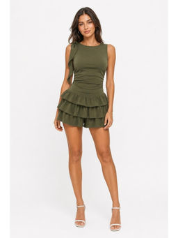 Cider - Boat Neck Ruched Ruffle Hem Layered Micro Romper