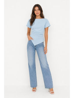 Cider - Cotton-Blend Boat Neck Ruched Asymmetrical Hem Tee