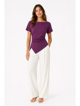 Cider - Cotton-Blend Boat Neck Ruched Asymmetrical Hem Tee