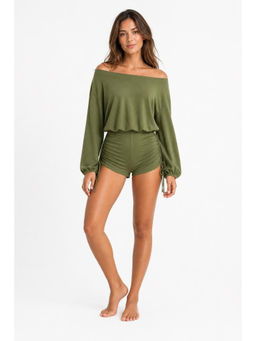 Cider - Cotton-Blend Asymmetrical Neck Drawstring Romper