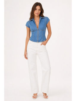 Cider - Denim Polo Neck Zip Through Blouse