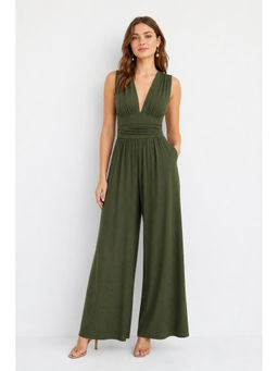Cider - V-Neck Ruched Solid Wide Leg Jumpsuit