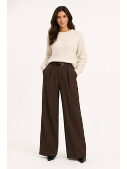 Cider - Petite Mid Rise Solid Straight Leg Trousers With Belt