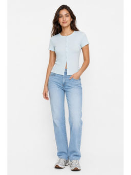 Cider - Round Neckline Solid Button Short Sleeve Top