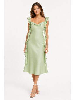 Cider - Satin Cowl Neck Solid Ruffle Hem Maxi Dress Curve & Plus