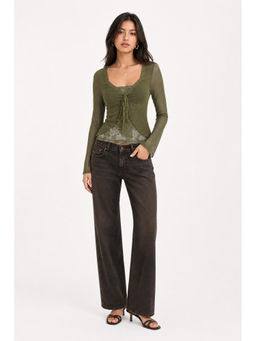 Cider - V-Neck Solid Lace Trim Knotted Lettuce Trim Long Sleeve Top