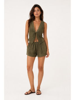 Cider - Suede V-Neck Lace Trim Waistcoat