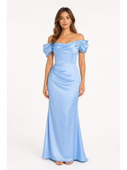 Cider - Satin Sculptural Ruched Off-Shoulder Mermaid Maxi Dress