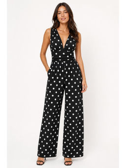 Cider - V-Neck Ruched Solid Wide Leg Jumpsuit