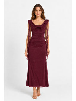 Cider - Cowl Neck Solid Ruffle Hem Ruched Maxi Dress