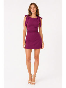 Cider - Square Neck Solid Bowknot Mini Dress