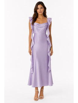 Cider - Satin Cowl Neck Solid Ruffle Hem Maxi Dress
