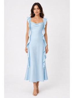 Cider - Satin Cowl Neck Solid Ruffle Hem Maxi Dress