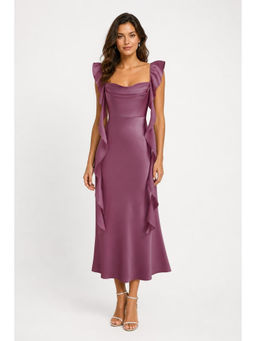 Cider - Satin Cowl Neck Solid Ruffle Hem Maxi Dress