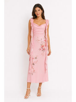 Cider - Cowl Neck Solid Glitter Ruffle Hem Maxi Dress