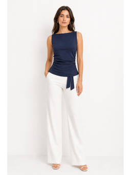 Cider - Linen-Blend Boat Neckline Solid Bowknot Top