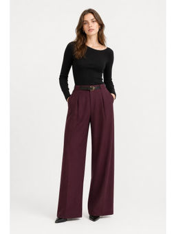 Cider - Petite Mid Rise Solid Straight Leg Trousers With Belt