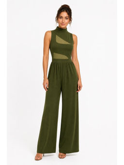 Cider - High Neck Solid Cut Out Patched Wide Leg Jumpsuit