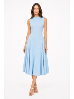Cider - High Neck Solid Pocket Ruffle Midi Dress