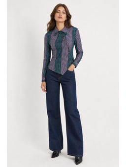 Cider - Cotton-Blend Collar Check Asymmetrical Wrap Blouse