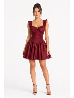 Cider - Sweetheart Lettuce Trim Ruffle Knotted Mini Dress