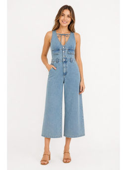 Cider - Denim V-Neck Knotted Wide Leg Jumpsuit Curve & Plus