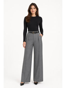 Cider - Petite Mid Rise Solid Straight Leg Trousers With Belt