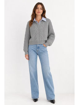 Cider - Cable Knit Collar Two Tone Long Sleeve Top