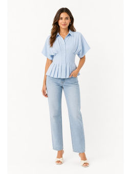 Cider - Linen-Blend Collar V-Neck Pleated Short Sleeve Shirt