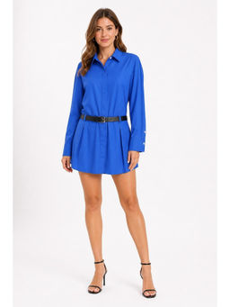 Cider - Collar Solid Button Mini Shirt Dress With Belt