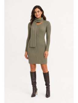 Cider - Round Neckline Solid Mini Dress With Scarf Curve & Plus