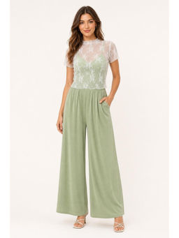 Cider - Lace See-Through Top & V Neck Wide Leg Jumpsuit