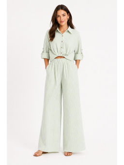 Cider - Cotton-Blend Collar Solid Striped Knotted Roll-Up Sleeve Jumpsuit