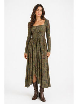Cider - Velvet Square Neck Floral Drawstring Midi Dress