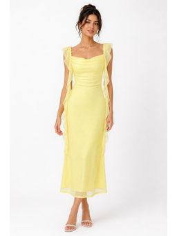Cider - Cowl Neck Solid Glitter Ruffle Hem Maxi Dress