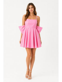 Cider - Square Neck Solid Bowknot Pocket Ruffle Hem Mini Dress