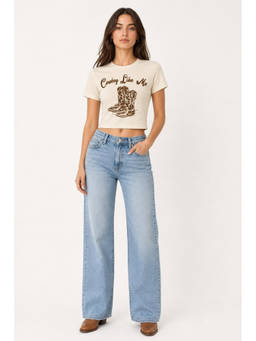 Cider - Cowboy Like Me Round Neckline Boots Graphic Short Sleeve Crop Tee
