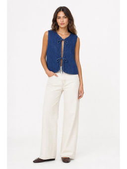 Cider - Denim Round Neckline Tie Front Knotted Vest Curve & Plus
