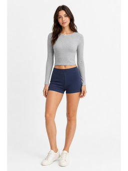 Cider - Cotton-Blend Round Neckline Bowknot Long Sleeve Top & Low Rise Legging Shorts