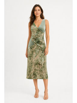 Cider - Velvet V-Neck Floral Patched Ruched Midi Dress