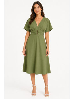 Cider - Linen-Blend V-Neck Ruffle Ruched Midi Dress Curve & Plus