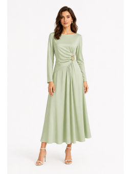 Cider - Satin Boat Neck Metal Detail Ruched Knotted Ruffle Midi Dress