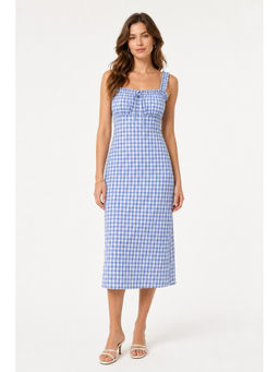 Cider - Cotton-Blend Square Neck Gingham Lettuce Trim Lace Up Midi Dress