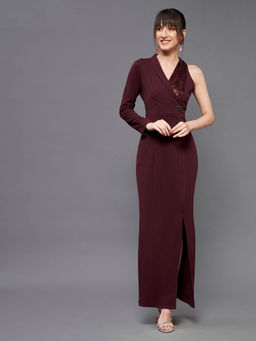 Miss Chase - Women's Wine V Neck Asymmetric Sleeve Embellished Blazer Maxi Party Dress